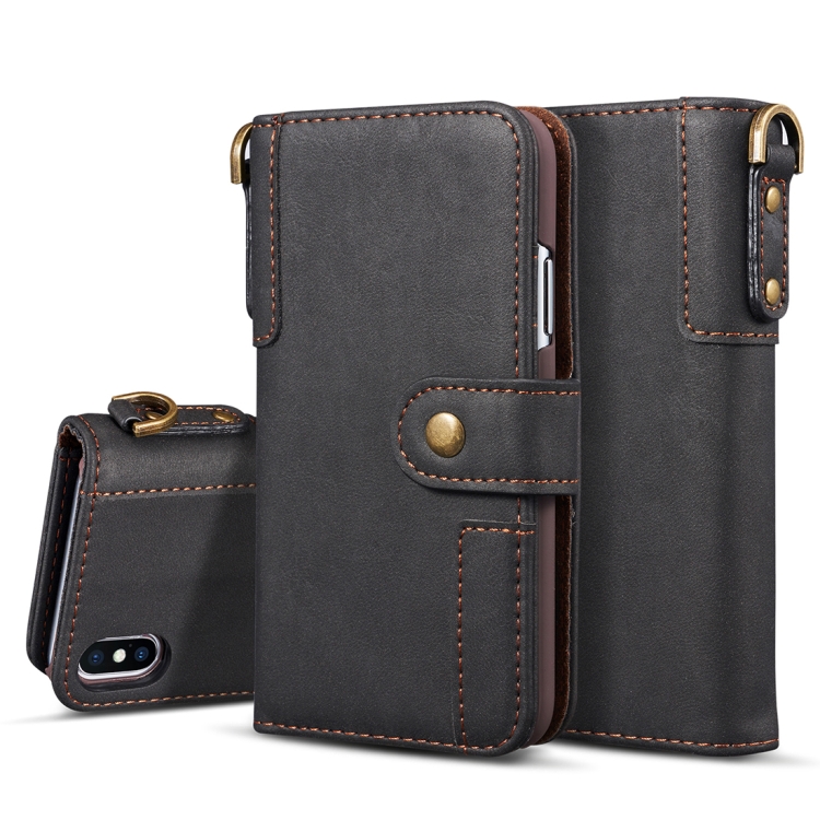 

For iPhone X / XS Retro Cowhide Texture Horizontal Flip Case with Card Slots & Wallet & Holder & Lanyard & Hand Strap(Black)