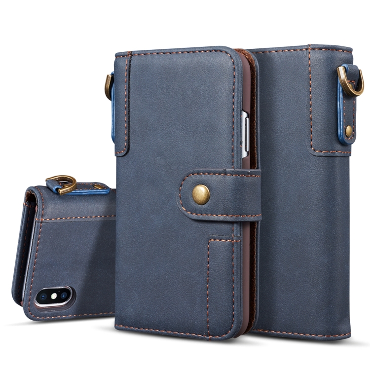 

For iPhone X / XS Retro Cowhide Texture Horizontal Flip Case with Card Slots & Wallet & Holder & Lanyard & Hand Strap(Blue)