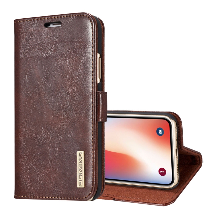 

DG.MING for iPhone X / XS Genuine Leather Horizontal Flip Detachable Magnetic Protective Case with Holder & Card Slots & Lanyard (Coffee)