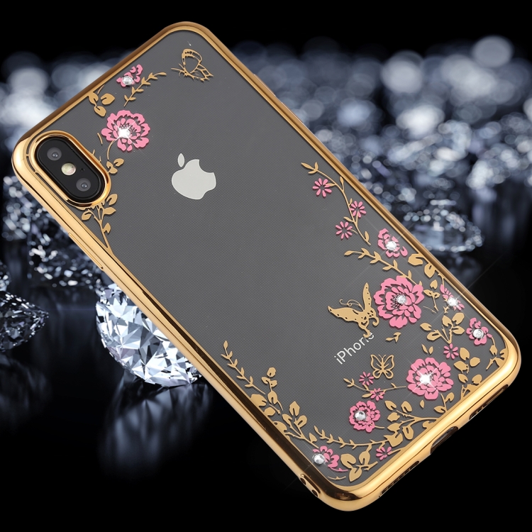 

Flowers Pattern Diamond Encrusted Electroplating Soft TPU Case for iPhone XS Max (Gold)