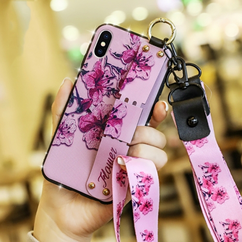 

Colorful Painted Shockproof TPU + Cloth Texture Case for iPhone XS Max, with Wristband & Holder & Lanyard (Pink)