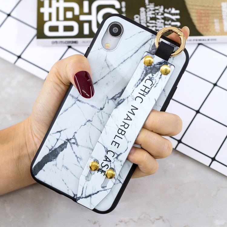 

Marble Pattern Shockproof TPU Case for iPhone XR, with Wristband & Holder (White)