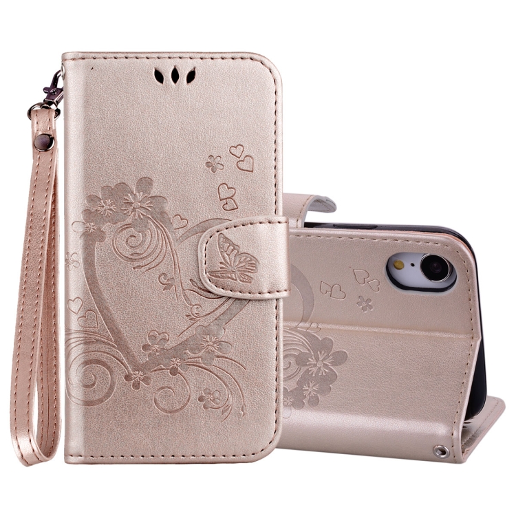 

Embossed Heart Butterfly Pattern Horizontal Flip Leather Case for iPhone XR, with Card Slot & Holder & Wallet & Lanyard (Gold)
