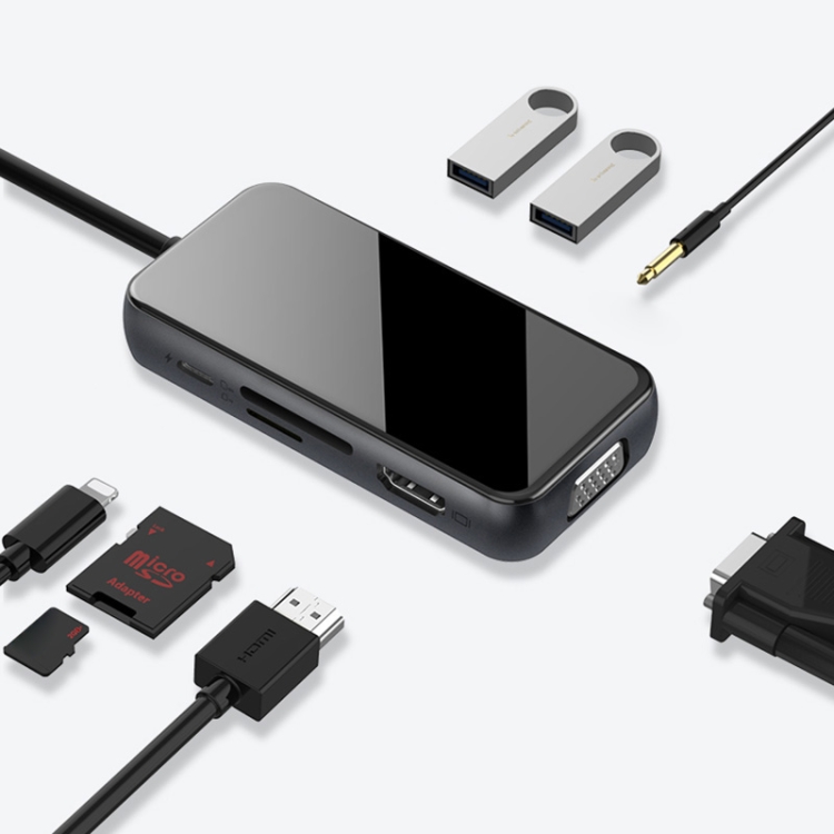 

8 in 1 USB 3.0 x 2 + HDMI + VGA + SD/TF + 3.5mm Audio Port + 8 Pin Female to 8 Pin Male Multi-function HUB Adapter