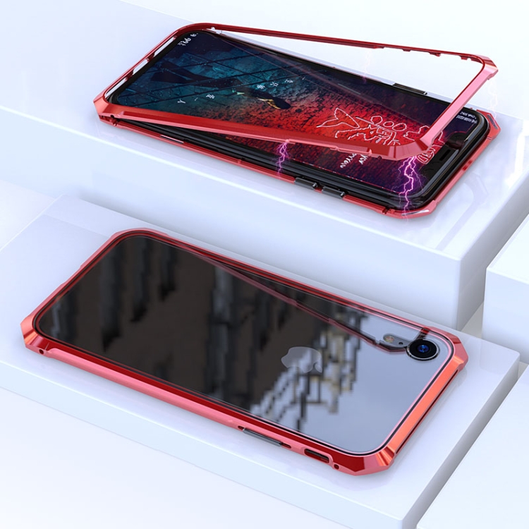 

Ultra Slim Magnetic Adsorption Angular Frame Tempered Glass Magnet Flip Case for iPhone XR (Red)
