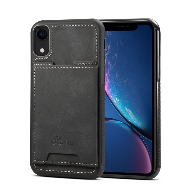 

Shockproof TPU + PU Protective Case for iPhone XR, with Holder & Card Slot (Black)