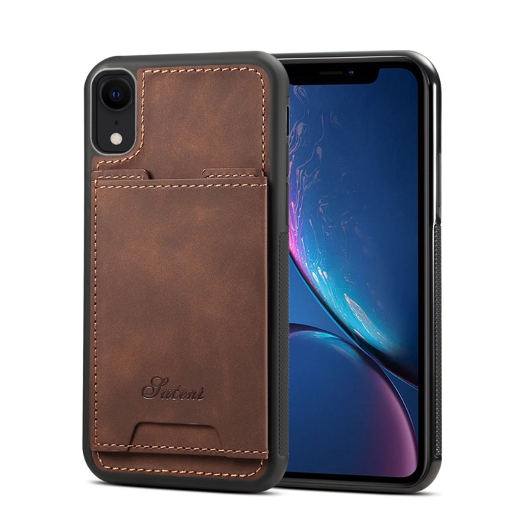 

Shockproof TPU + PU Protective Case for iPhone XR, with Holder & Card Slot (Coffee)