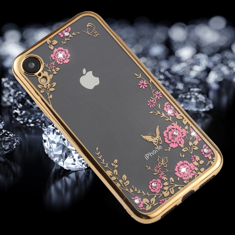 

Flowers Pattern Diamond Encrusted Electroplating Soft TPU Case for iPhone XR (Gold)