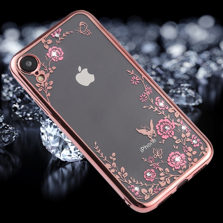 

Flowers Pattern Diamond Encrusted Electroplating Soft TPU Case for iPhone XR (Rose Gold)