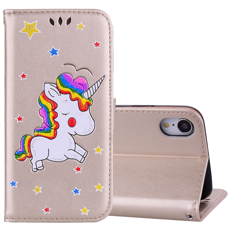 

Glitter Powder Unicorn Pattern Horizontal Flip Leather Case for iPhone XR, with Holder & Wallet & Card Slots & Photo Frame (Gold)