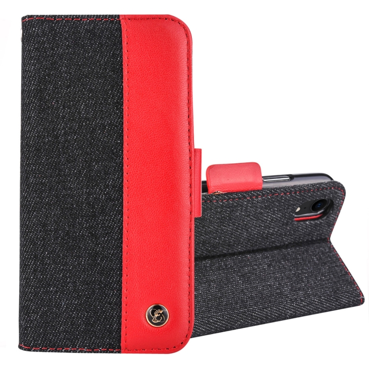 

2 in 1 Denim Pattern Genuine Leather Case with Card Slot & Wallet & Holder For iPhone XR 6.1 inch(Black+Red)