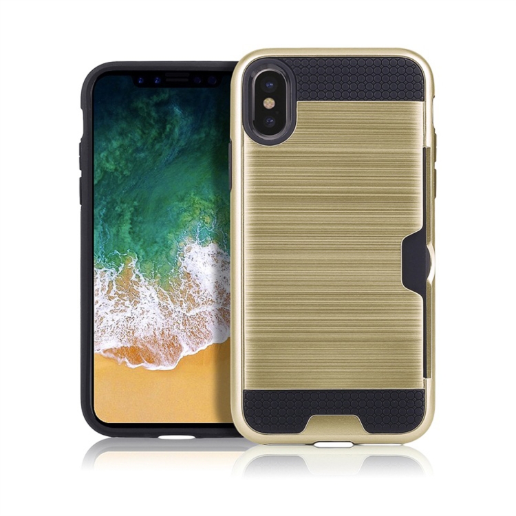 

Brushed Texture Shockproof TPU + PC Case for iPhone XS / X , with Card Slots(Gold)