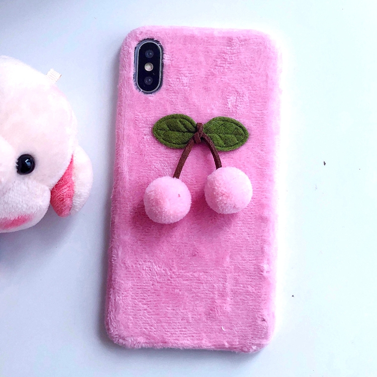 

3D Fur Ball Cherry Plush Case for iPhone XS / X (Pink)