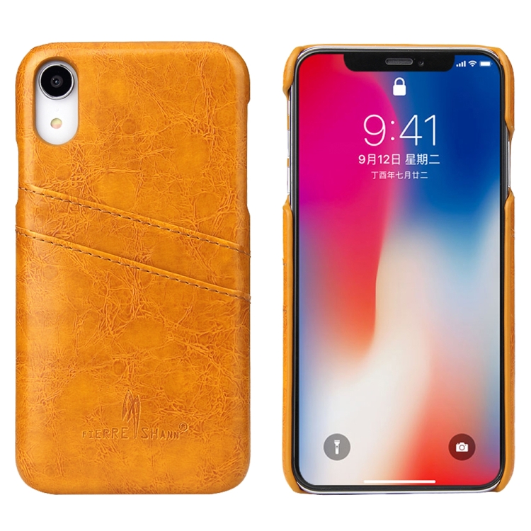 

Fierre Shann Retro Oil Wax Texture PU Leather Case for iPhone XR, with Card Slots(Yellow)