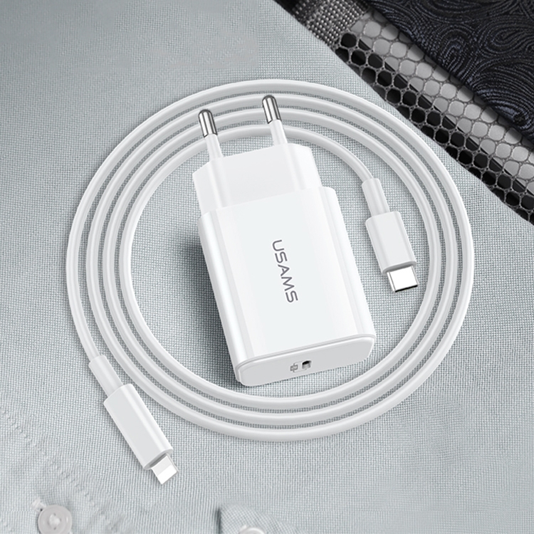 

USAMS-CT Trip-Tu Series Travel PD Fast Charging Set, EU Plug, with Type-C to 8 Pin Fast Charging Data Line, Length: 1m(White)