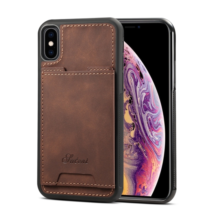 

Shockproof TPU + PU Protective Case for iPhone X / XS, with Holder & Card Slot (Coffee)