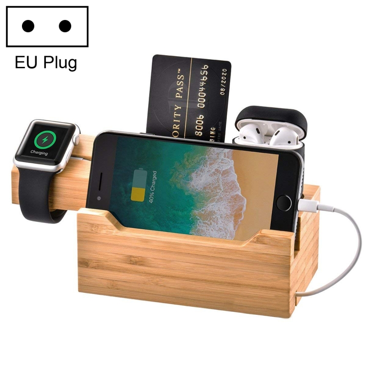 

Multi-function Bamboo Charging Station Charger Stand Management Base with 3 USB Ports, For Apple Watch, AirPods, iPhone, EU Plug