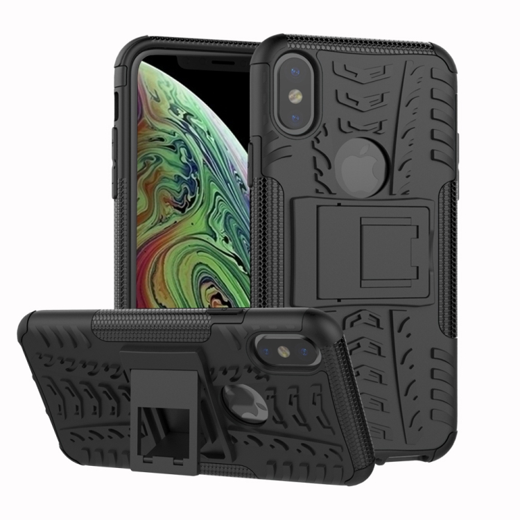 

Tire Texture TPU+PC Shockproof Case for iPhone X / XS, with Holder (Black)