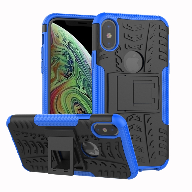 

Tire Texture TPU+PC Shockproof Case for iPhone X / XS, with Holder (Blue)