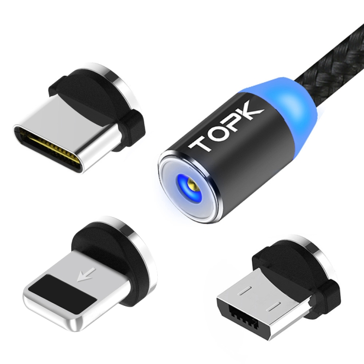 

TOPK 1m 2.4A Max USB to 8 Pin + USB-C / Type-C + Micro USB Nylon Braided Magnetic Charging Cable with LED Indicator(Black)