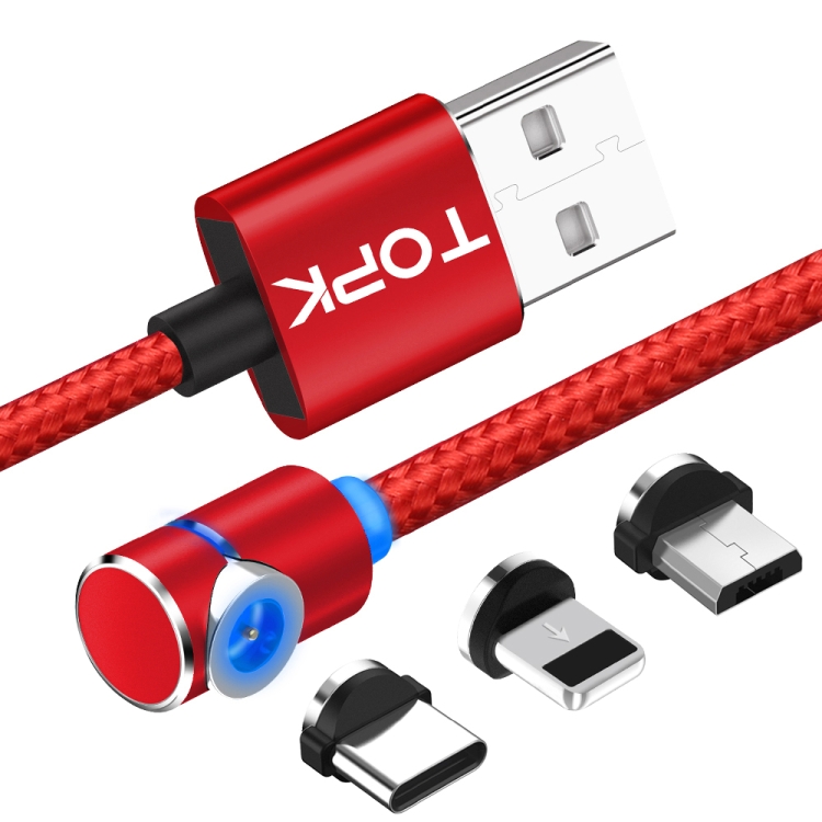 Sunsky Topk 1m2 4a最大usbから8ピン Usb C Type C マイクロusb90度エルボー磁気充電ケーブル Ledインジケーター付き 赤
