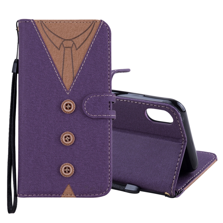 

Splicing Embossed Male Style Horizontal Flip Leather Case for iPhone XS, with Holder & Card Slots & Wallet & Lanyard (Purple)