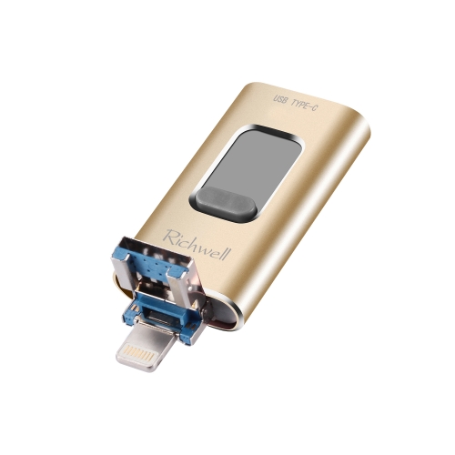 

Richwell 3 in 1 16G Type-C + 8 Pin + USB 3.0 Metal Push-pull Flash Disk with OTG Function(Gold)