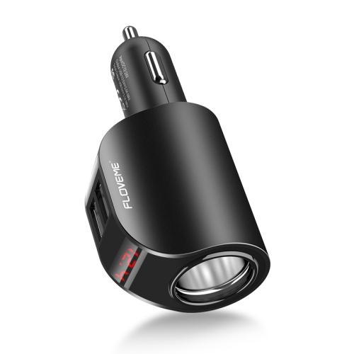 

FLOVEME Digital Display 3.1A Dual-USB + Cigarette Sockets Car Fast Charger for iPhone, Galaxy, Sony, Lenovo, HTC, Huawei, and other Smartphones (Black)