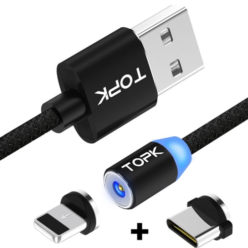 

TOPK 1m 2.1A Output USB to 8 Pin + USB-C / Type-C Mesh Braided Magnetic Charging Cable with LED Indicator(Black)