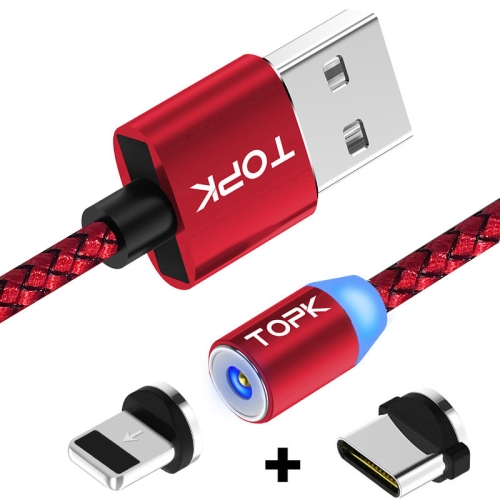 

TOPK 1m 2.1A Output USB to 8 Pin + USB-C / Type-C Mesh Braided Magnetic Charging Cable with LED Indicator(Red)