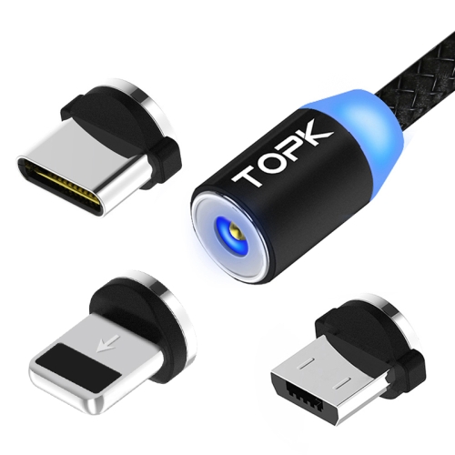 

TOPK 1m 2.1A Output USB to 8 Pin + USB-C / Type-C + Micro USB Mesh Braided Magnetic Charging Cable with LED Indicator (Black)