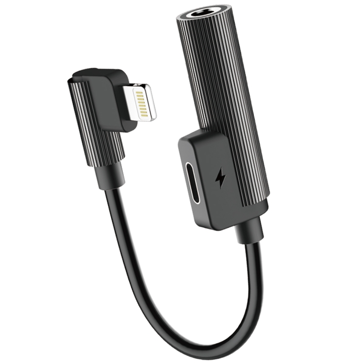 

ROCK 2 in 1 8 Pin + 3.5 mm Female to 8 Pin Male L-shape Mini Portable Audio & Charging Adapter (Black)