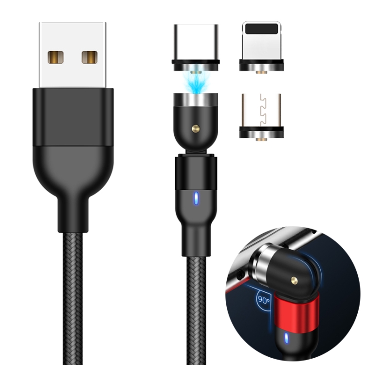 

2m 2A Output 3 in 1 USB to 8 Pin + USB-C / Type-C + Micro USB Nylon Braided Rotate Magnetic Charging Cable (Black)