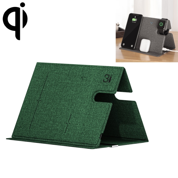 

ROCK 3 in 1 Leather Portable Folding Wireless Charger for iPhone + iWatch + AirPods (Green)