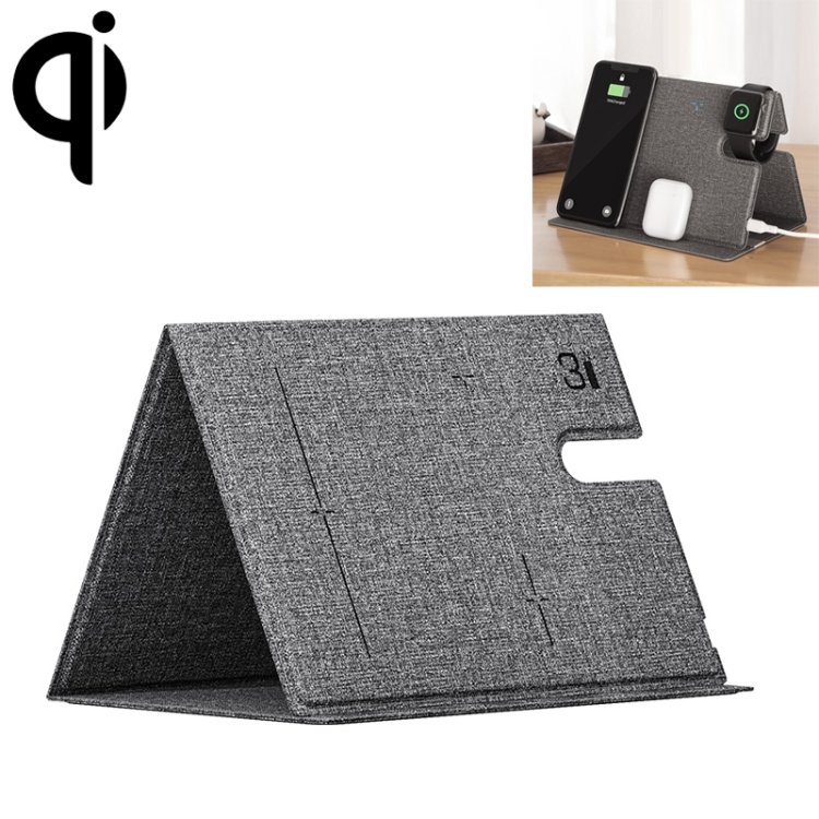 

ROCK 3 in 1 Leather Portable Folding Wireless Charger for iPhone + iWatch + AirPods (Grey)