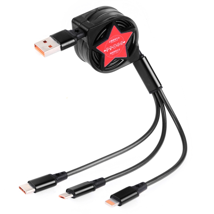 

1.2m 3 in 1 USB to USB-C / Type-C + 8Pin + Micro USB Retractable Data Syn Charging Cable (Black)
