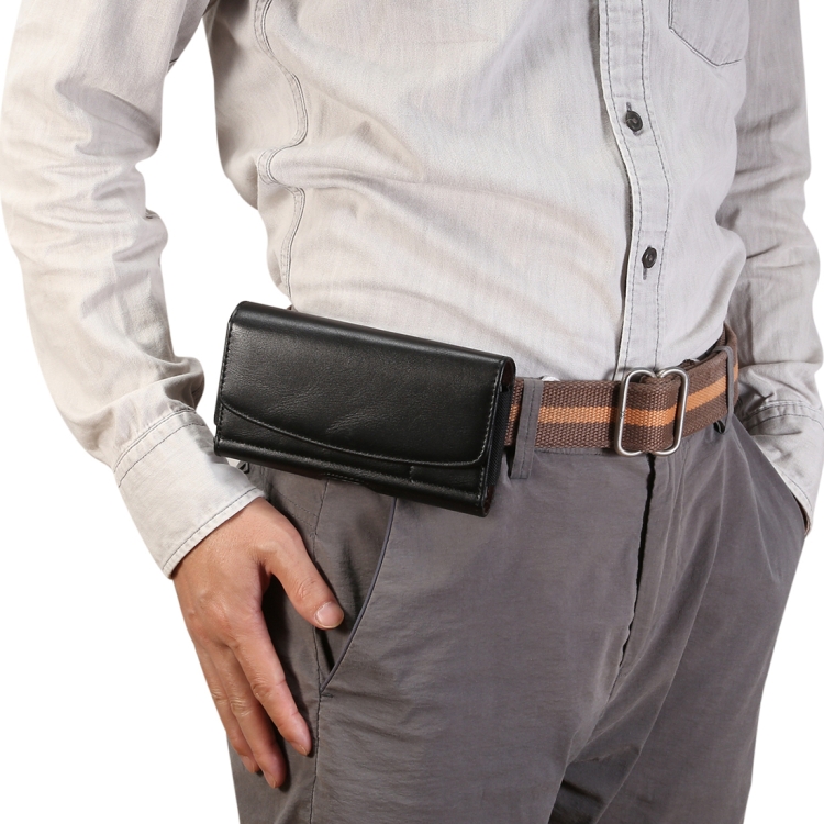 

Lambskin Elastic Band Men 5.2 Inch Mobile Phone Universal Hanging Waist Leather Case with Card Slot, For iPhone XS / X / Galaxy A8 / S9 and Other 5.2 Inch Mobile Phones(Black)