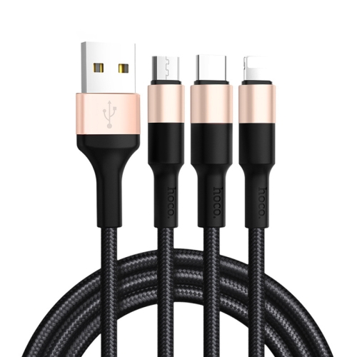 

hoco X26 XPRESS 3 in 1 2.0A 8 Pin + Micro USB + USB-C / Type-C Interface Nylon Braided Charging Data Cable, Length: 1m (Black Gold)