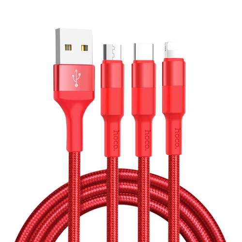 

hoco X26 XPRESS 3 in 1 2.0A 8 Pin + Micro USB + USB-C / Type-C Interface Nylon Braided Charging Data Cable, Length: 1m (Red)