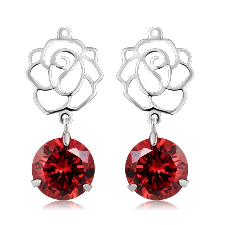 

Silver-Plated Openwork Flower Pendant Red Crystal Earrings