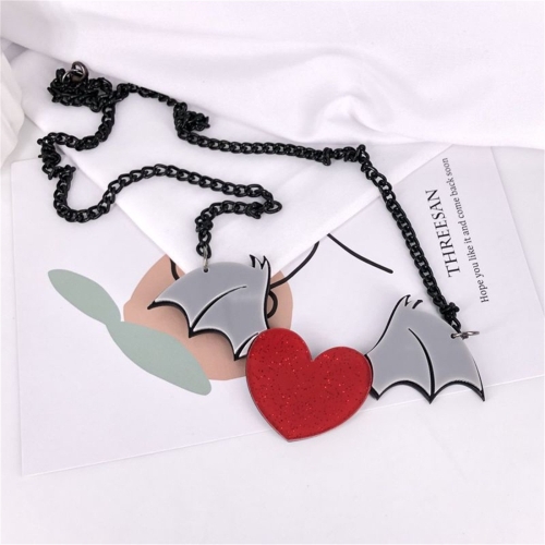 

2 PCS Women Fashion Acrylic Heart Shaped Bat Wings Pendant Necklace