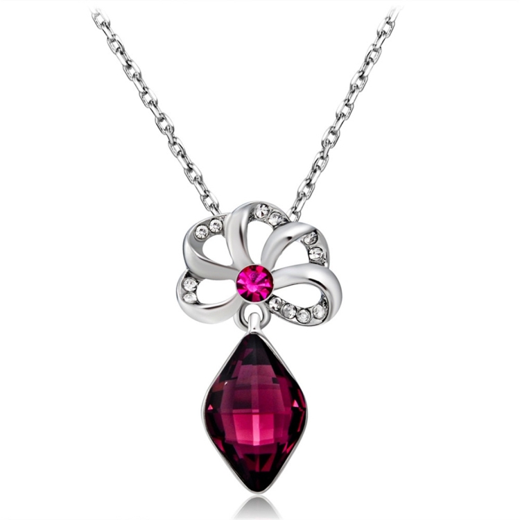 

Women Fashion Silver-Plated Openwork Flower Zircon Inlaid Purple Crystal Pendant Necklace