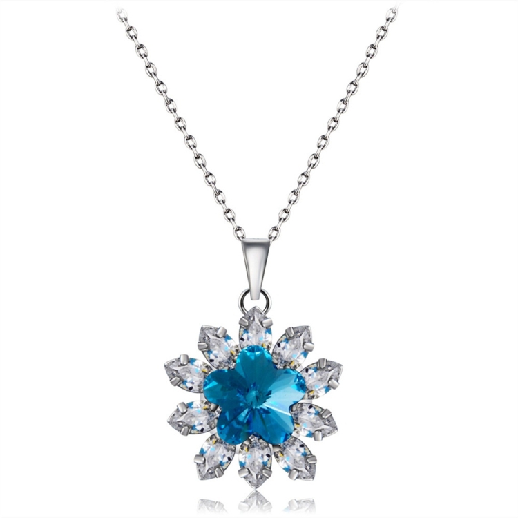 

Women Fashion Silver Plated Zircon Flower Inlay Blue Crystal Pendant Necklace