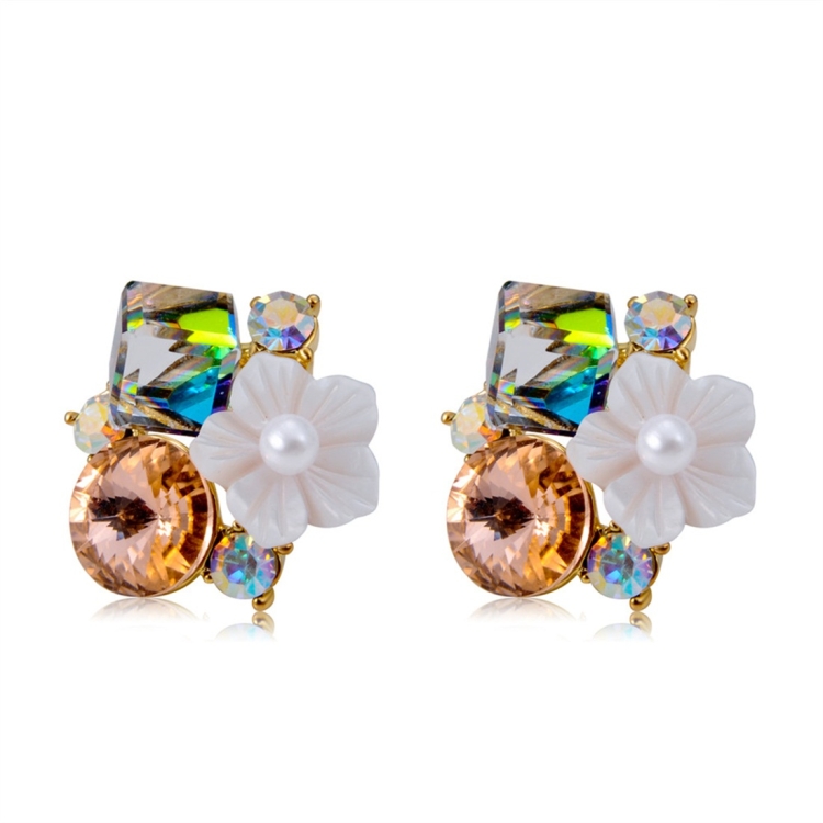 

Women Fashion Gold-Plated Inlaid Colored Crystal with White Flower Stud Earrings