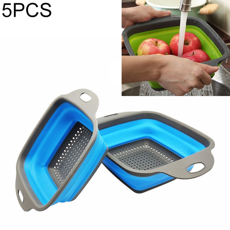 

5 Sets Square Foldable Drain Basket Set Kitchen Silicone Fruit Vegetables Retractable Filter, Specification: Small + Large(Blue)