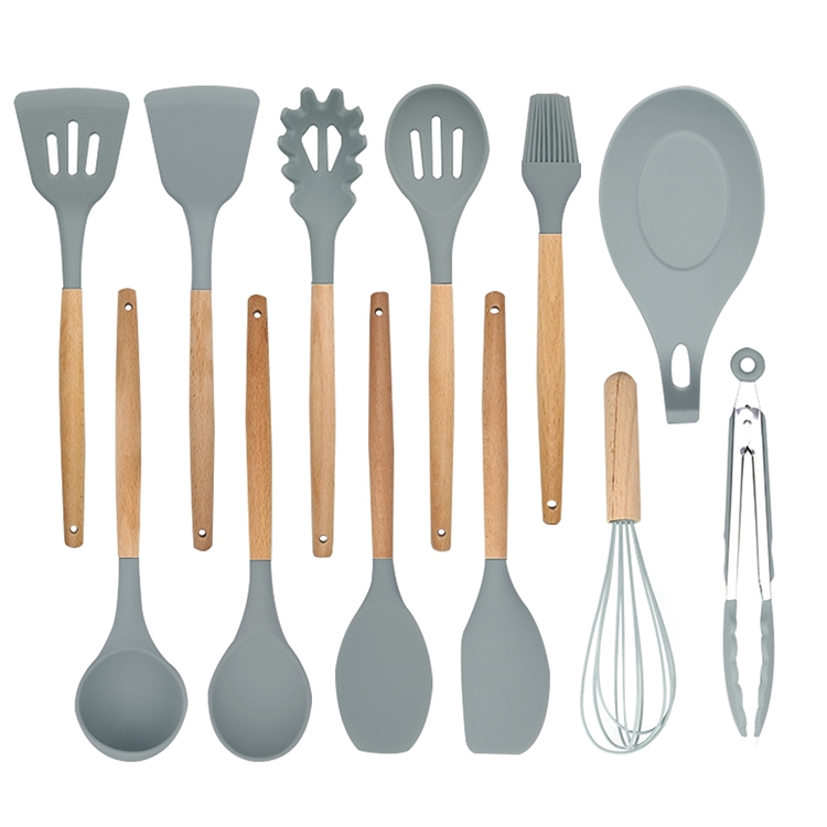 

12 in 1 Silicone Wood Handle Heat-resistant Cooking Cutlery Sets Kitchen Tools
