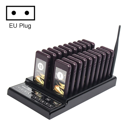 

QC100 999 Channel Restaurant Wireless Paging Queuing Calling System with 20 Call Coaster Pagers, EU Plug