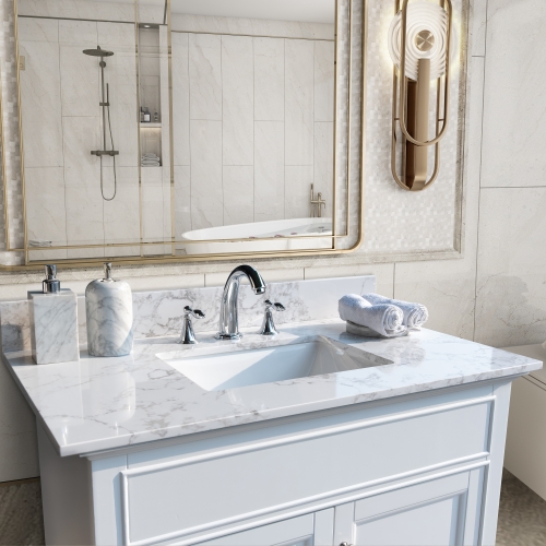 

[US Warehouse] 37 inch Bathroom Stone Vanity Top with rectangle Undermount Ceramic Sink & Back Splash(White)
