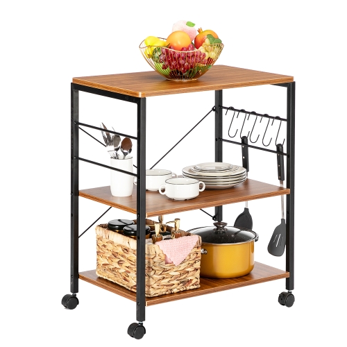 

[US Warehouse] Kitchen Microwave Cart 3-Tier Vintage Rolling Baking Rack with Hooks, Size: 60.2 x 40 x 73cm