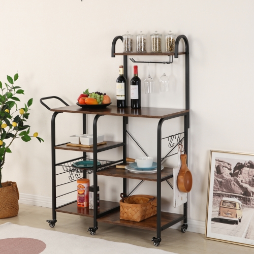

[US Warehouse] Multi-function Kitchen Microwave Ovens Storage Shelf Rack Dining Cart Trolley with 4 Hooks & 6 Pulleys